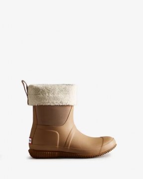 Hunter Boots | Women's Insulated Roll Top Vegan Shearling Boots-Tawny Brown/White Willow