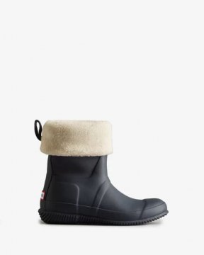 Hunter Boots | Women's Insulated Roll Top Vegan Shearling Boots-Hunter Navy/White Willow