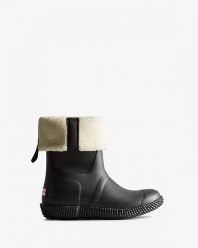 Hunter Boots | Women's Insulated Roll Top Webbing Vegan Shearling Boots-Black/White Willow