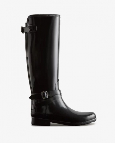Hunter Boots | Women's Refined Slim Fit Adjustable Tall Gloss Rain Boots-Black