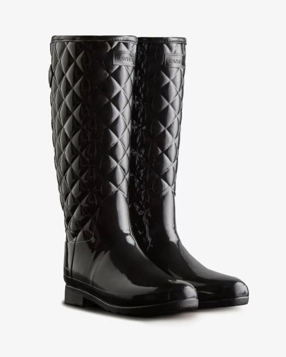 Hunter Boots | Women's Refined Slim Fit Adjustable Quilted Tall Rain Boots-Black