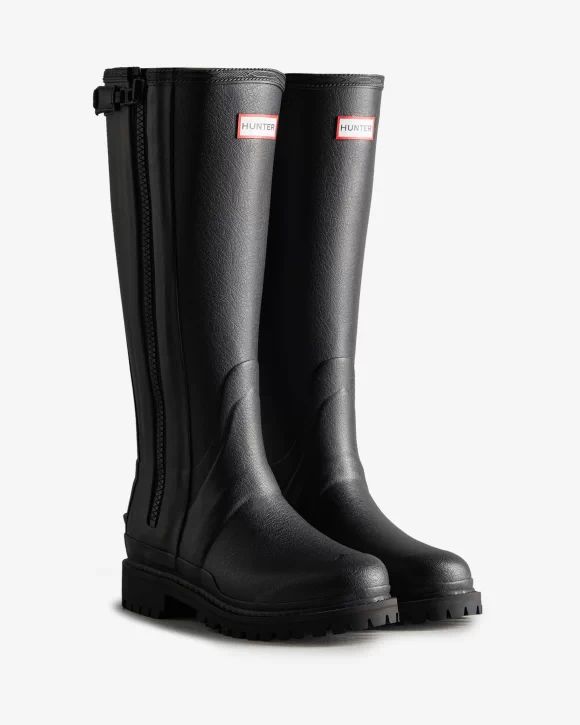 Hunter Boots | Women's Balmoral Commando Rubber Zip Tall Rain Boots-Black